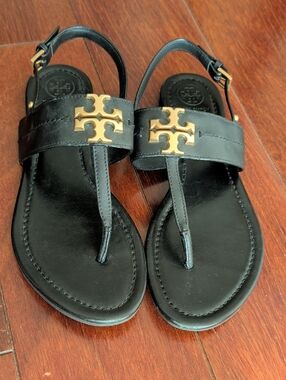 Tory Burch Black Leather Sandals with Gold Logo